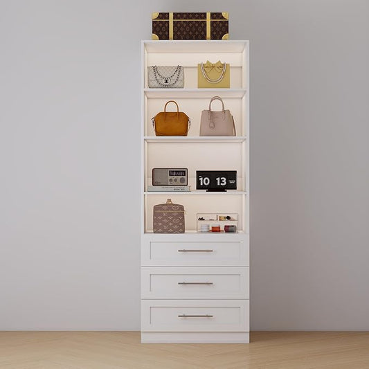 Closet System with 3 Drawers and 4 Shelves, Closet Organizer System with 1 Extra Side Hanging Rod, Small Walk in Closet System, 23.7"W x 15.8"D x 81"H, White