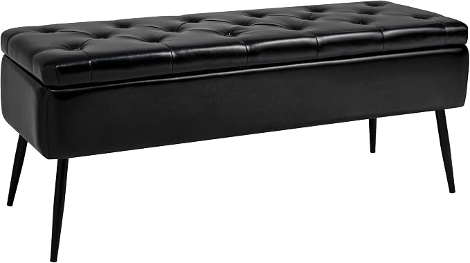 kinmars Leather Storage Ottoman Bench, End of Bed Bench with Steel Legs | Black Leather Button Tufted Design | 660 lb Capacity | Safety Hinges | Mid-Century Modern Style | Bedroom & Entryway