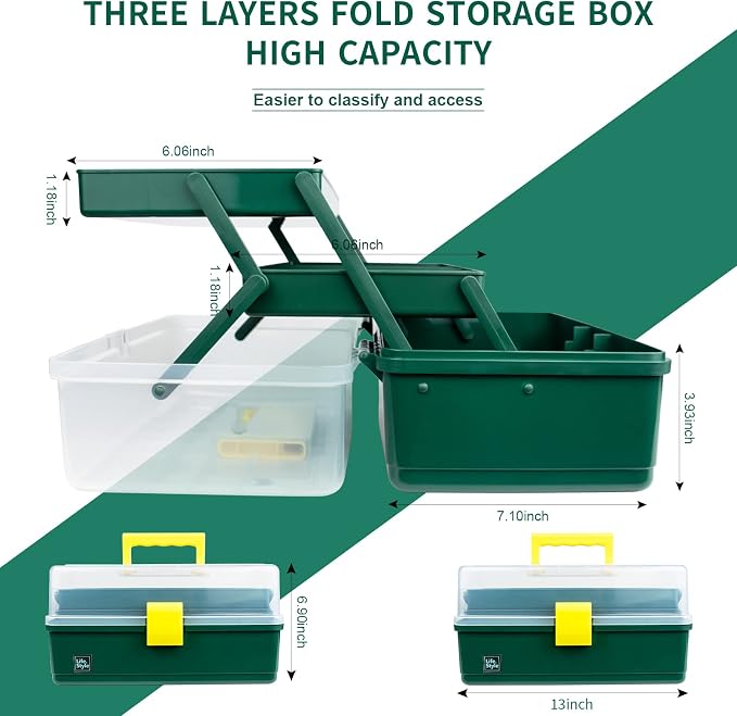 Creahaus 13 inch Art Craft Organizer Storage Box with 3 Layer, Multipurpose Plastic Tool Box with Handle for Sewing, Art Supply, Medicine, Nail, Hair Accessories (Dark Green)