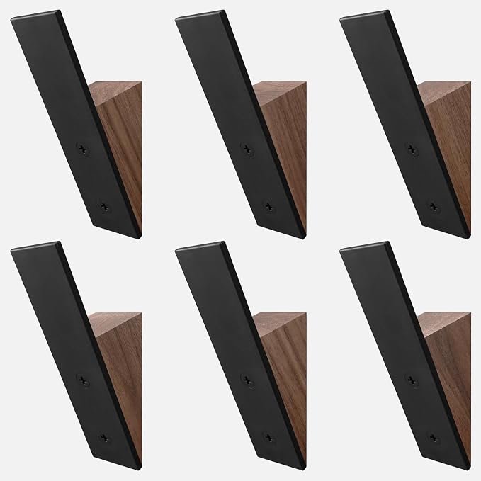 Walnut Wood Coat Hooks, High End Walnut Wood & Black Metal Wall Mounted Coat Hooks, Mid-Century Modern Clothes Hooks, Heavy Duty Wooden Hooks for Hanging Coats, Hats, Towels & More, Set of 6