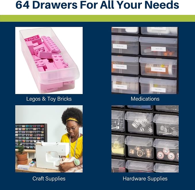 Akro-Mils 64-Drawer Plastic Drawer Storage Cabinet for Garage Organization, Bead Organizer, Building Bricks Storage, Teacher Toolbox, Makeup Organizer, 20-Inch W x 6-Inch D x 16-Inch H, 10164 Red
