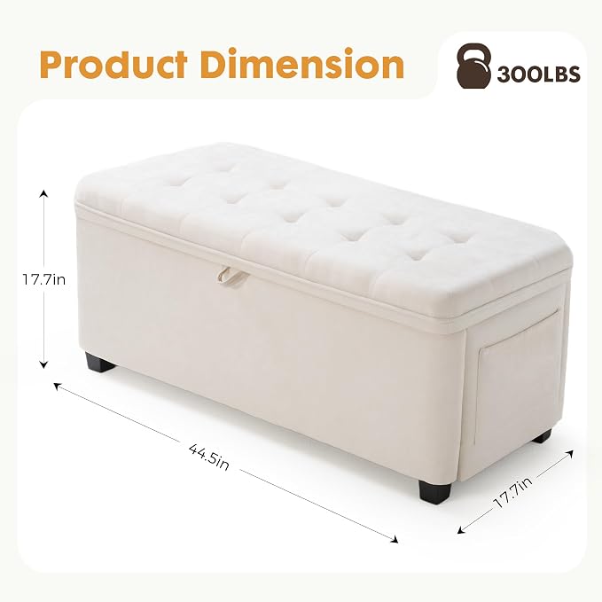 45" Storage Ottoman Bench, Tufted Ottoman with Storage for Living Room, Large End of Bed Ottomans, Modern Entryway Benchs, Window & Bedroom Benches for Foot of Bed (Ivory)