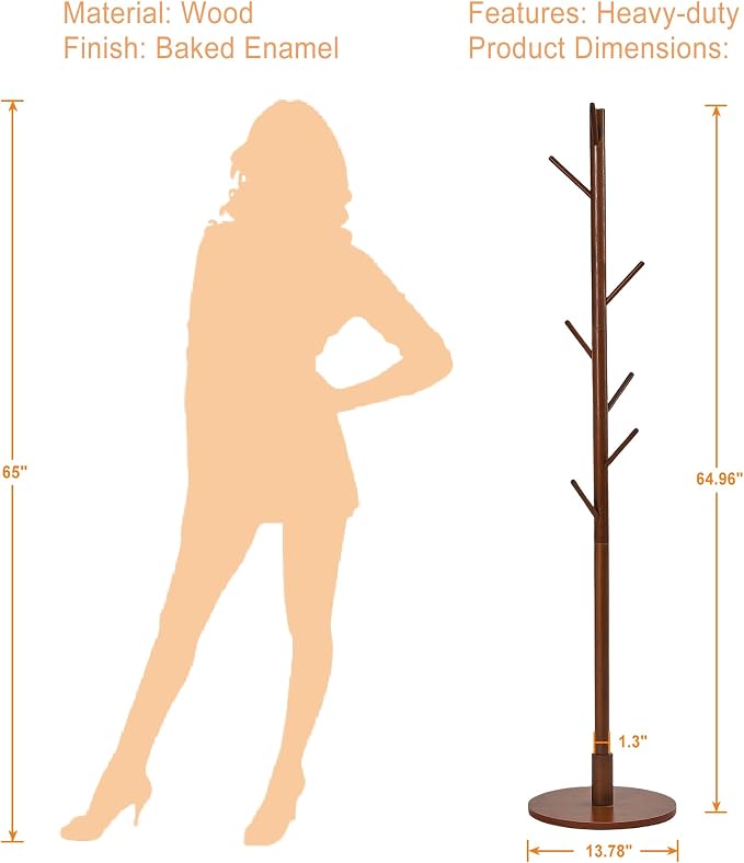 VECELO Coat Rack Freestanding, Entryway Hanger Stand, Umbrella Holder, Hall Tree With Hooks, Floor Standing Tree Stand,Walnut
