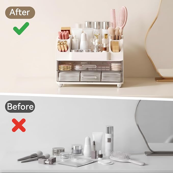 Makeup Organizer for Vanity with 2 Large Drawers and 6 Brush Holders, White | Large-Capacity Makeup Holder Keeps Skincare and Cosmetics Organized and Easy to Reach on Vanity or Bathroom Counters