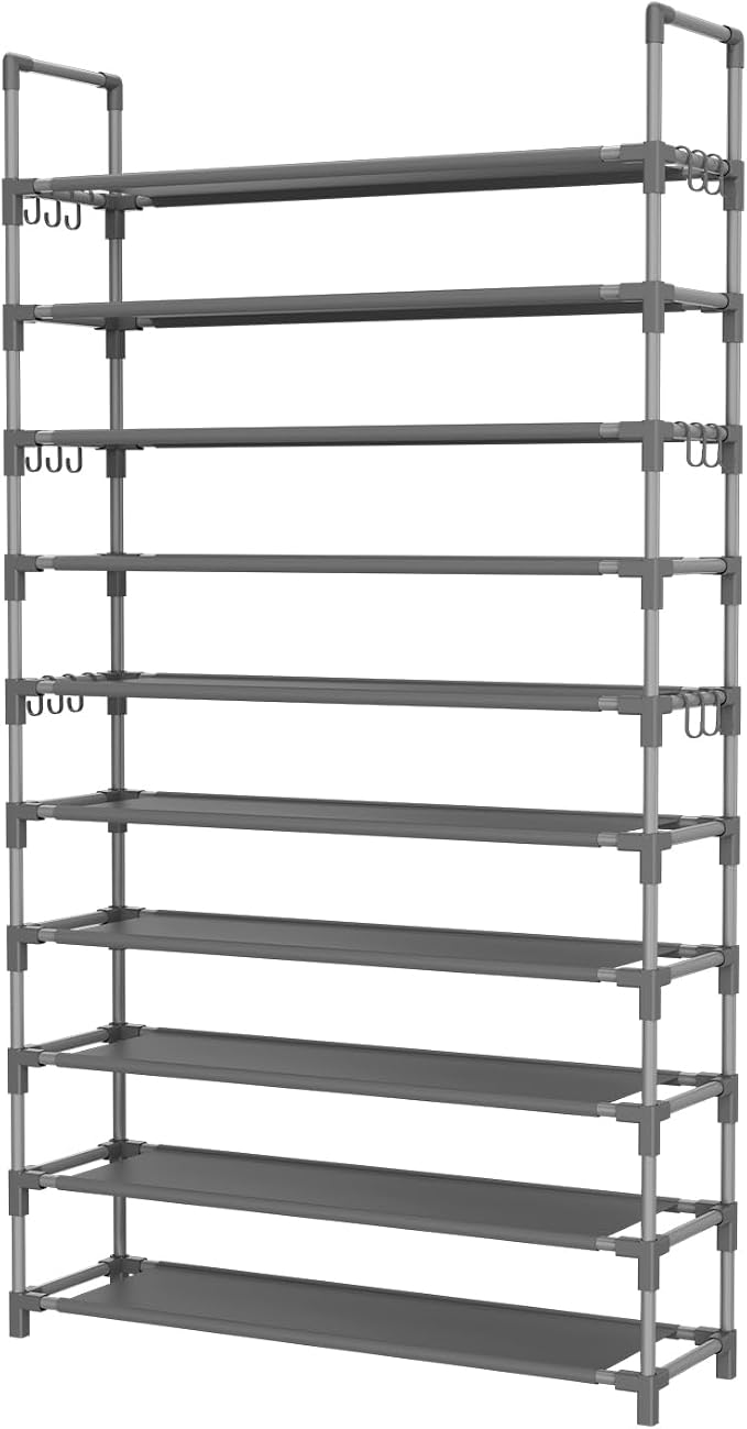 LANTEFUL Tall Shoe Rack 10 Tier Shoe Organizer Large Shoe Shelf with 18 Hooks Storage for 50 Pair Sneaker and Boot, Stackable Vertical Shoe Rack Organizer for Closet, Entryway, Bedroom, Grey