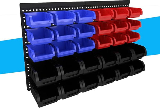 30Pcs Plastic Wall Mounted Storage Bins Parts Rack Nuts And Bolt Bins Organizer For Shop Garage for Screws, Nuts, Bolts, Nails, Beads, and Small Hardware Parts(RED+BLUE+BLACK, 30)