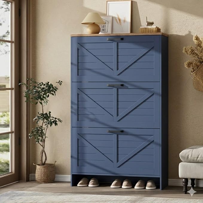 Nicetree Farmhouse Blue Shoe Cabinet – Ultra Slim 3-Drawer Flip Organizer with Shaker Barn Door Accent, 3-Tier Adjustable Shelves, and Sturdy Freestanding Frame – Space Saving