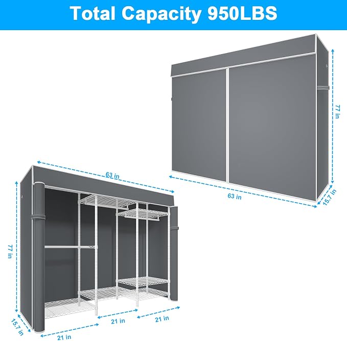 E13C Heavy Duty Closet Organizer System，Freestanding Clothing Racks for Hanging Clothes，Adjustable Garment Rack 63" W x 16" D x 77" H Hold 960 lbs，White Clothing Rack with Grey Dustproof Cover