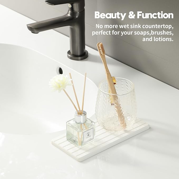 2PCS Water Absorbing Stone Drying Tray Mat for Bathroom Sink & Kitchen Counter Faucet Organizer, Quick Dry Dish Rack Soap Dispenser Sponge Holder, Vanity Sink Caddy Bar Coaster, Ivory White 8“x 4”