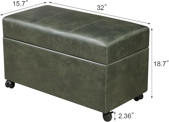 32" Faux Suede Storage Ottoman Bench with Wheel, Rectangle Foot Rest Stool for Living Room, Bedroom, Entryway,Moss Green