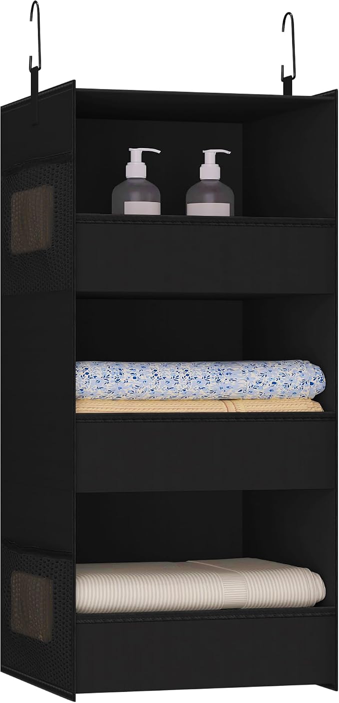 3-Shelf Hanging Closet Organizer, Washable Foldable Storage Shelves, Black | Front lip keeps items secure; side pockets add room; Oxford fabric handles towels, shirts, baby items, dorms, RVs or travel.