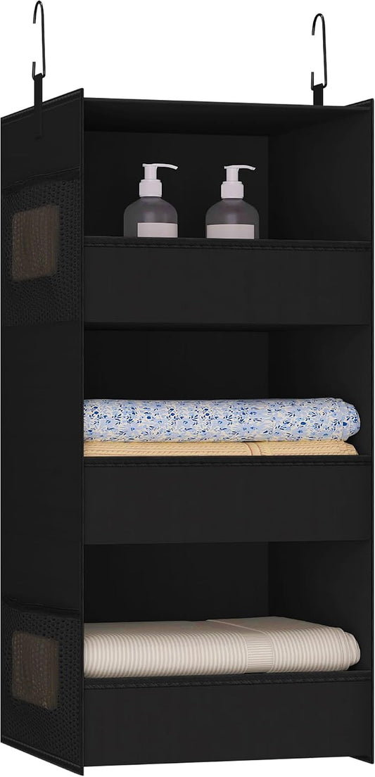 3-Shelf Hanging Closet Organizer, Washable Foldable Storage Shelves, Black | Front lip keeps items secure; side pockets add room; Oxford fabric handles towels, shirts, baby items, dorms, RVs or travel.