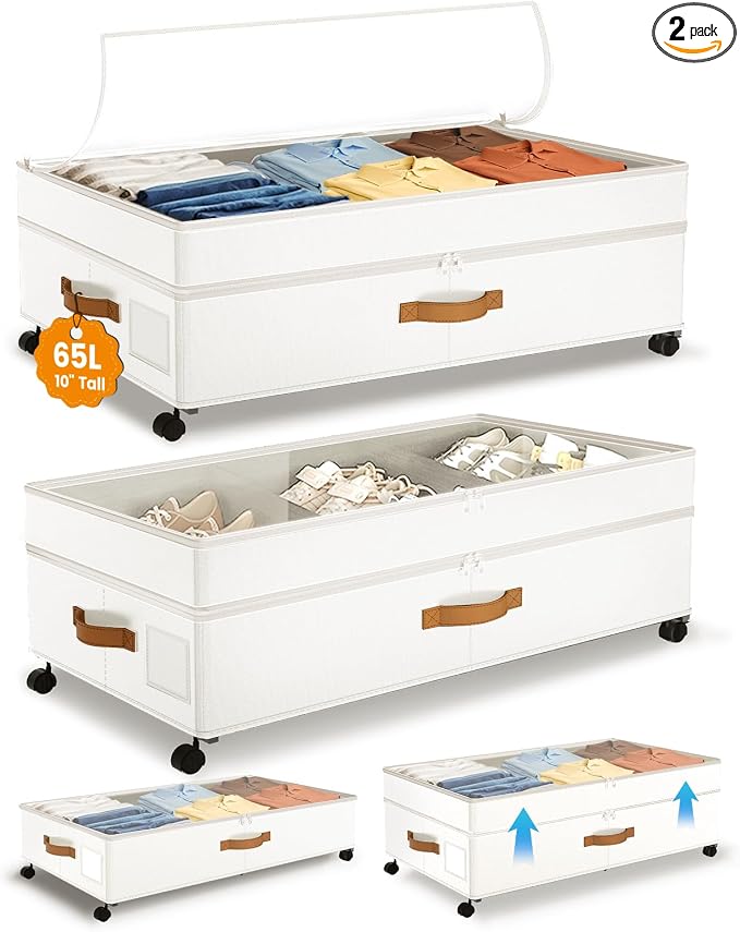 Under Bed Storage with Wheels, 10 inches Under Bed Storage Containers, 65L XXL Large Adjustable Underbed with Lids, Rolling Underbed Storage bins for Shoes, Clothes, Blankets, White