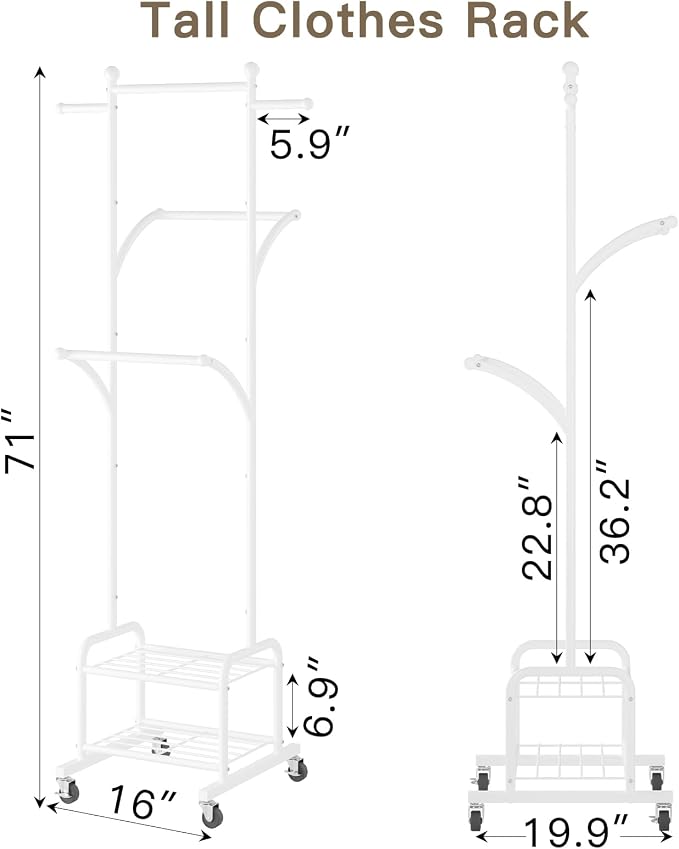 Rolling Clothes Rack with 2 Shelves, Small Metal Clothing Rack with Wheels | Gasvadivum 71" Tall Sturdy Garment Rack with 3 Hanging Rods, Freestanding Portable Coat Rack for Laundry Room, Bedroom, White