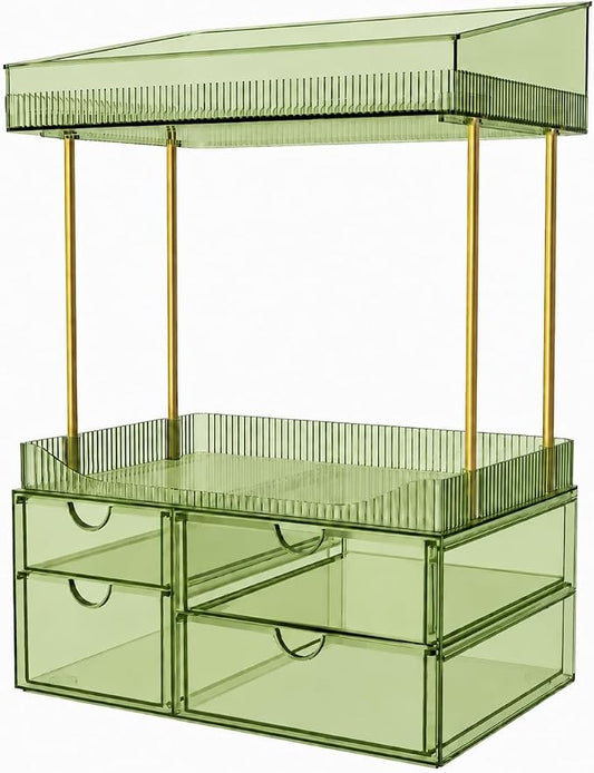 SNSLXH 4-Tier Clear Makeup Organizer Bathroom Storage Green | 4 Drawers Cosmetics Organiser, Ideal for Countertop, Bathroom, Office, Dresser, for Cosmetics, Skincare, Perfume, Lipstick