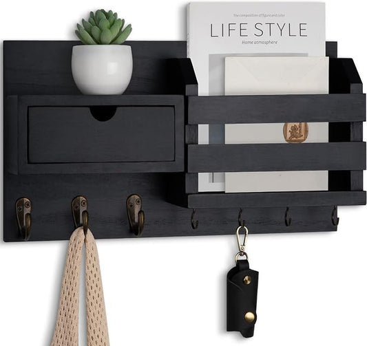 Lwenki Wall Mount Key Holder with Mail Organizer, 100% Paulownia Wood, 7 Metal Hooks, Storage Drawer, Entryway Home Decor (Black)