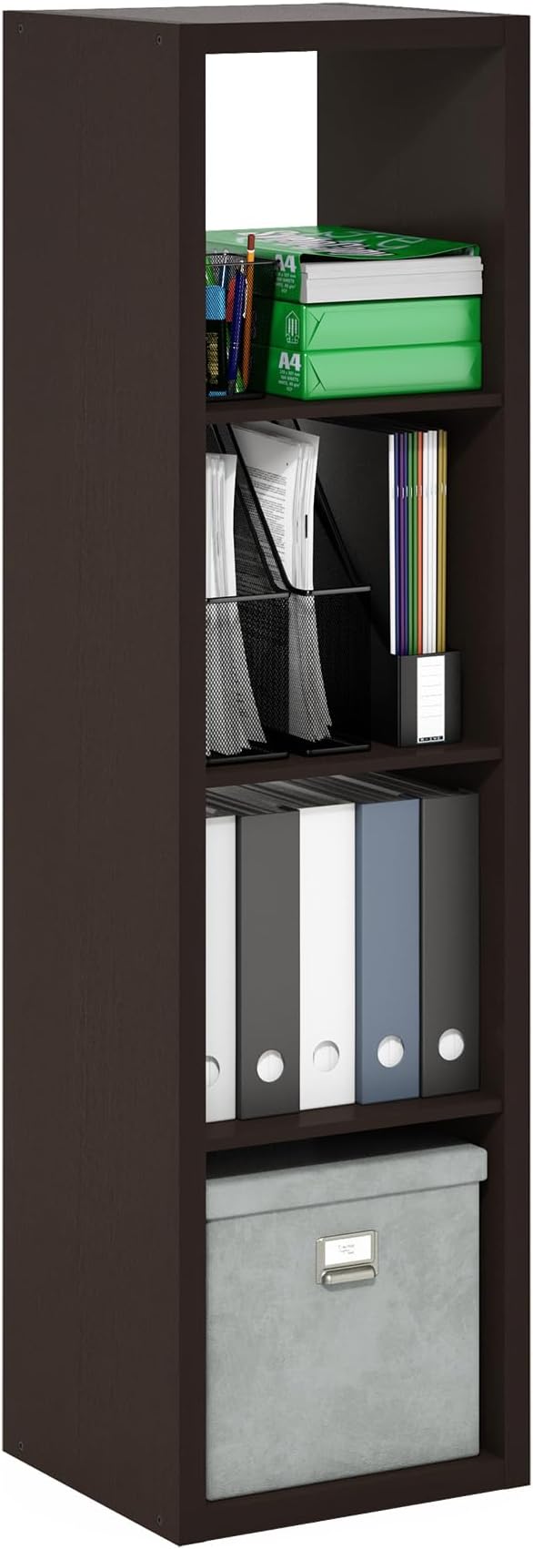 4-Cube Tall Cubicle Bookshelf, Cube Bookcase with Open Back, Reversible Book Shelf, Cube Storage Organizer, 15 x 16 x 58, for Living Room, Home Office, Dark Oak