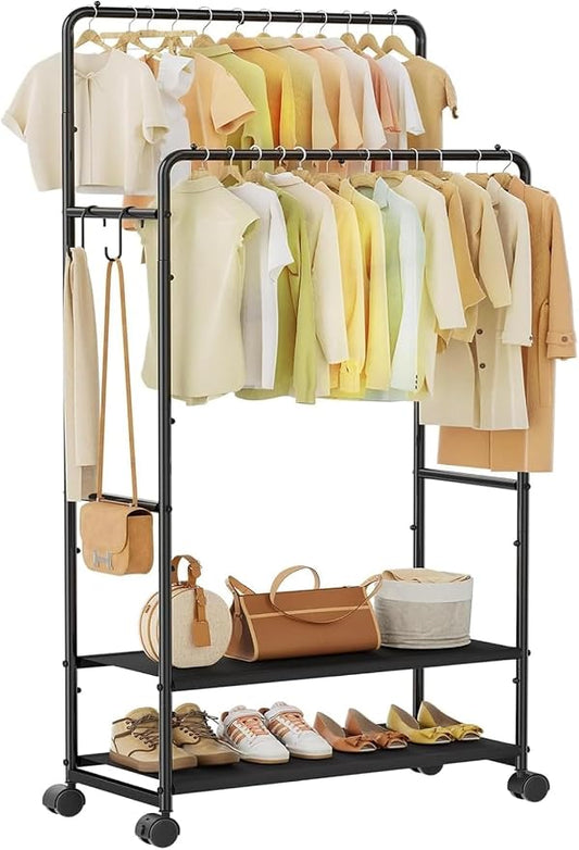 Simple Trending Clothes Rack, Double Rods Clothing Rack with Shelves, Black | Metal Garment Rack with 2-tier Fabric Shelves, 400 LBS Load, Anti-Slip Stoppers, 360° Lockable Wheels, Bedroom, Laundry Room