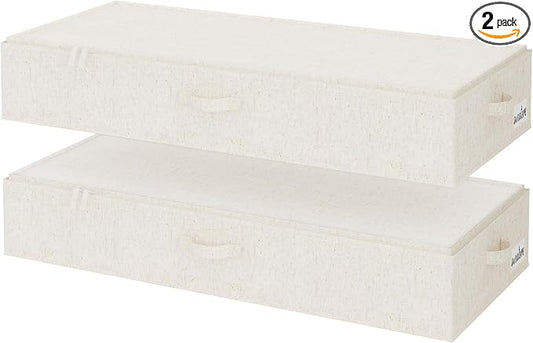 StorageWorks Underbed Storage Containers with Lids, 2-Pack 6.75" Low Profile Under Bed Organizers for Clothes, Bedding and Sweaters, 73L Large Fabric Storage Bins, Foldable Space Saving, Light Beige