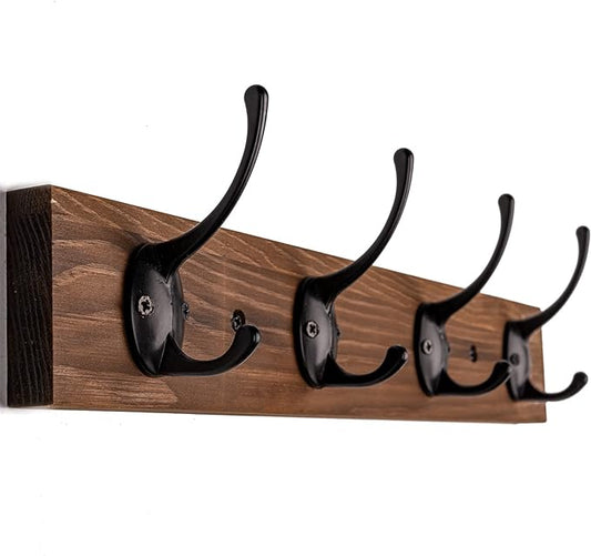 VERTORGAN 1 Pack Wall Mounted Wooden Hat Rack,4 Hooks Entryway(Brown) | Wood Coat Hooks,Wall Hooks for Hanging,Hat Rack Bag Hanger Key Holder for Wall,Purse Hanger Towel Racks for Bathroom