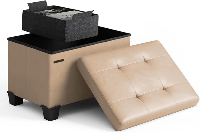Storage Ottoman Cube with Small Bin, 16-in Square Ottoman with Storage for Living Room and Bedroom, Small Ottomans Foot Rest, Leather Foot Stools Ottomans Max 330lbs, Taupe