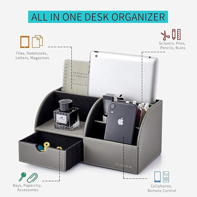 VLANDO Office Desk Organizer Leather Desktop Organizer Caddy with Drawer for Storing Desktop Supplies and Accessories (Grey Set) | Grey leather desk organizer set combines divided desktop storage and a pull-out drawer for office supplies and accessories