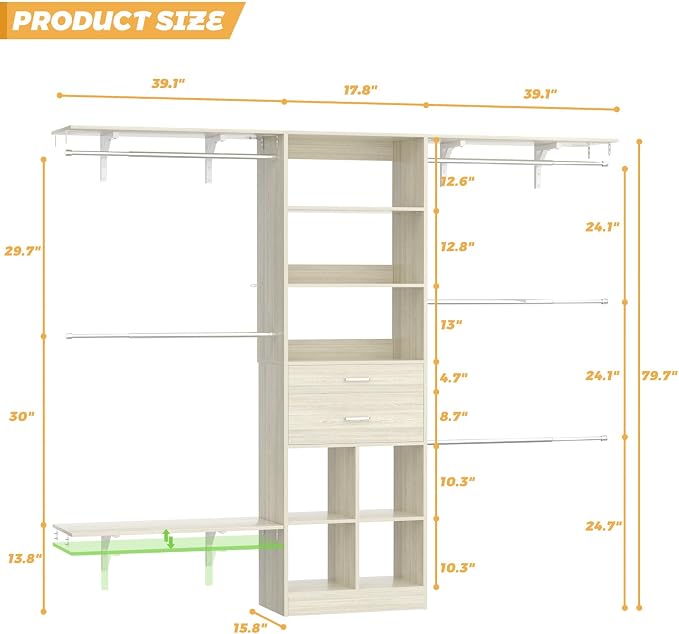 Besiost Closet System - 5-8FT Closet Organizer System with Wooden Drawers & Cube Storage Organizer, Up To 96" Closet Systems for Nursery & Walk-In Closets with Cuttable Hanging Shelving, Greige Oak