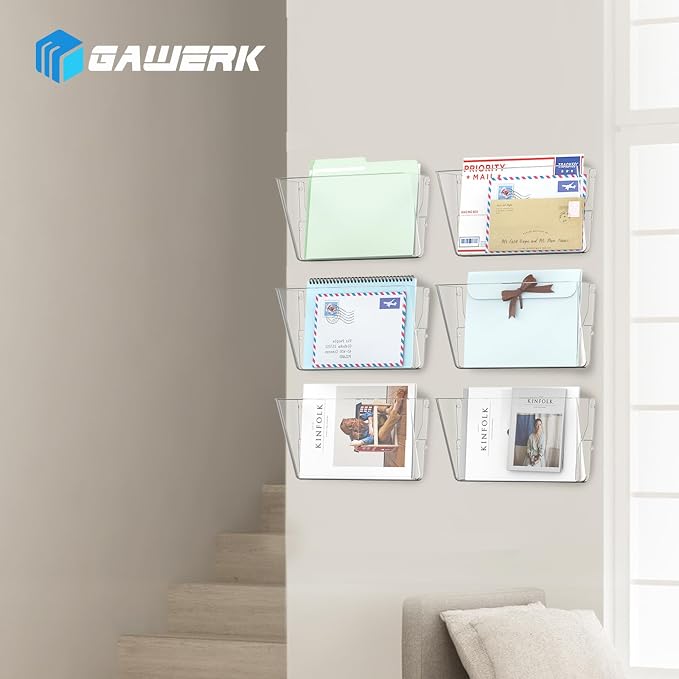 Gawerk 6 Pack Clear Single Pocke Hanging Wall Mount File Holder Organizer | Acrylic Hanging Wall Organizer, Plastic Wall Mount Mails Magazines Organizer for Office and Home