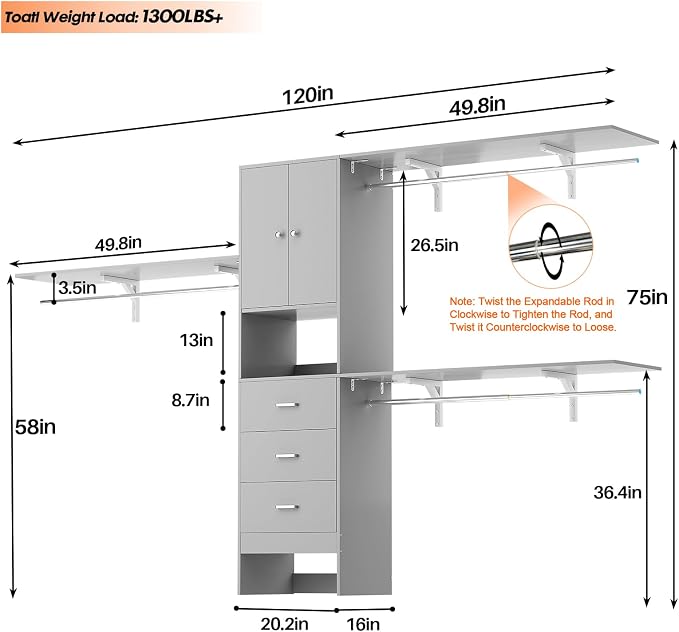 120 Inches Closet System With Doors, 10FT Walk In Closet Organizer with 3 Shelving Towers, Heavy Duty Clothes Rack with 3 Drawers, Built-In Garment Rack, Max Load 1300 LBS, Grey