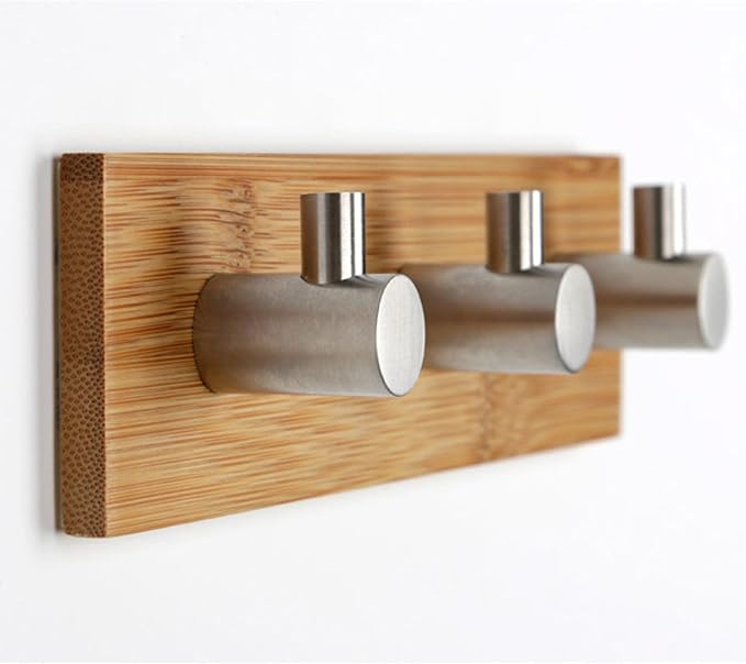 Bamboo Wood Key Holder for Wall - Key Hanger with Hooks - Decorative Wall Hooks for Hanging Heavy Duty Key Organizer for Kitchen, Bedroom, Bathroom - Ideal Coat Rack (3 Hooks, Sliver)