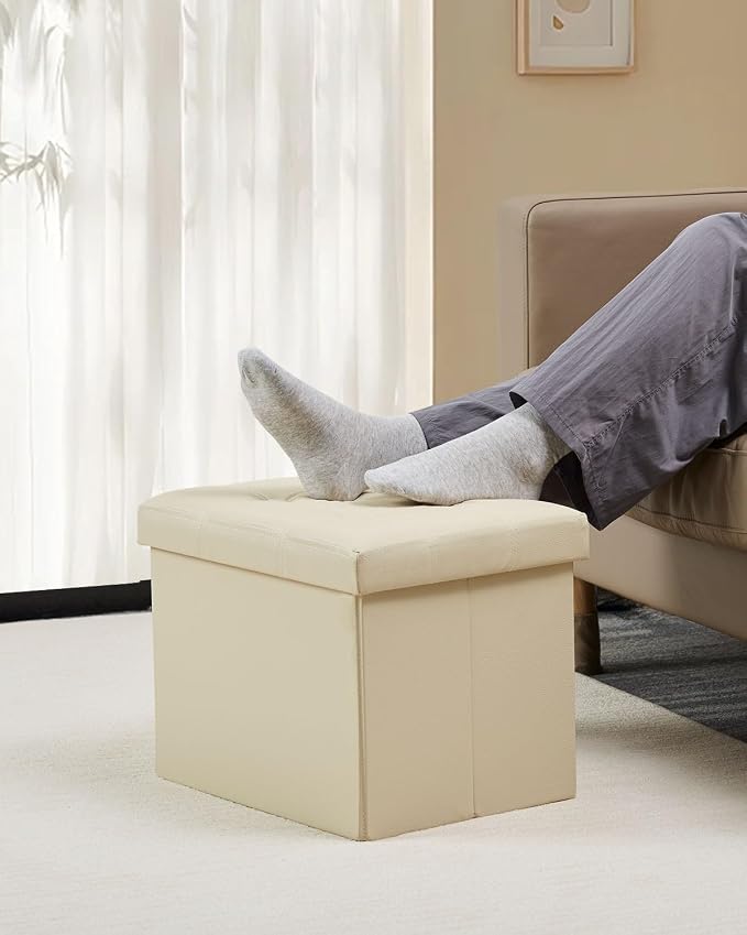 Bsketa Storage Ottoman, Folding Foot Stool with Thicker Foam Padded Seat Small Leather Storage Ottoman Bench Foot Rest for Living Room Foldable Coffee Table 17x13x13in,Beige | Ottoman with Storage, Thicker Foam Padded Seat, Living Room, Dorm, Bedroom, ...