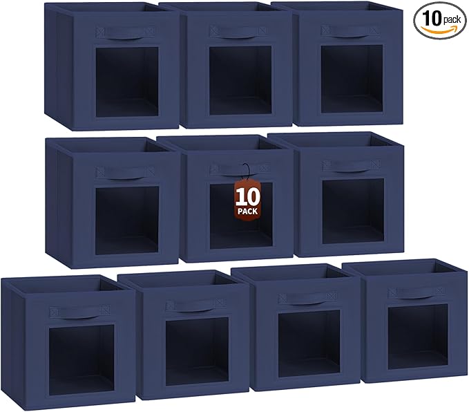 Storage Cube 11 Inch - Cube Storage Bins with Window, Closet Storage Baskets with Handle, Fabric Bins for Closet, Shelves, Toys, Clothes, Set of 10, Navy Blue