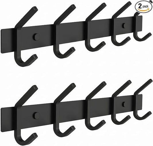 Coat Rack Wall Mount – 15 Inch Stainless Steel Hook Rail with 5 Double Coat Hooks for Hanging – Wall Mounted Entryway Organizer for Coats, Hats, Bags, Towels, Robes, Closet or Bathroom - Black 2 Pack