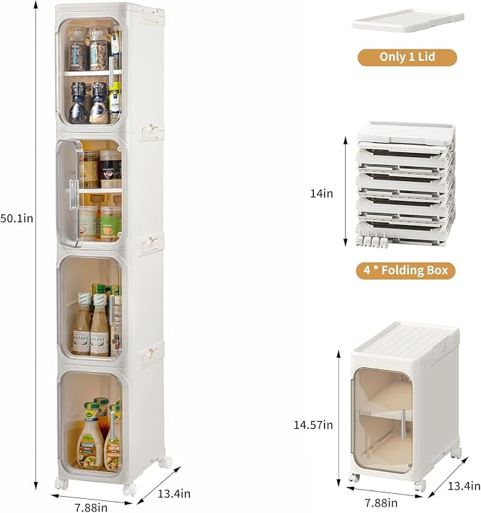 4-Tier Tall Narrow Slim Bathroom Storage Cabinet, Cream White | Tool Free Assembly, Adjustable Shelves, Fits for Narrow Spaces, Reinforced Stability, Magnetic Clear Door