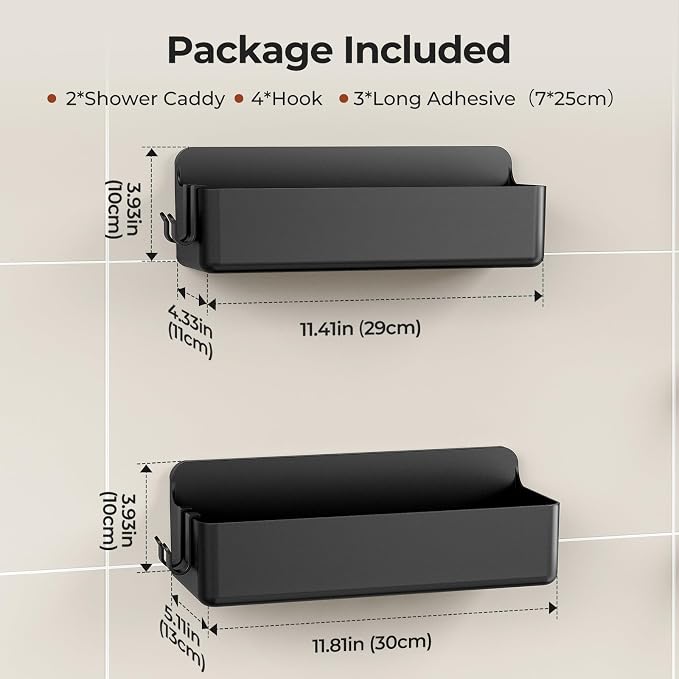 Orimade Shower Caddy 2-Pack, No-Drill Adhesive Shelves with 4 Hooks for Bathroom, Rustproof ABS Plastic Storage Organizer Set, Black