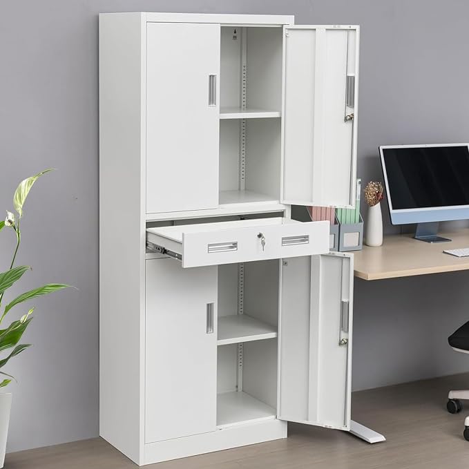 CJF 71" H Tall Metal Storage Cabinet with Drawer, Locking Garage Cabinet with 2 Adjustable Shelves, Heavy-Duty Tool File Storage Cabinets for Home Office, Kitchen, Warehouse, Shop (White)