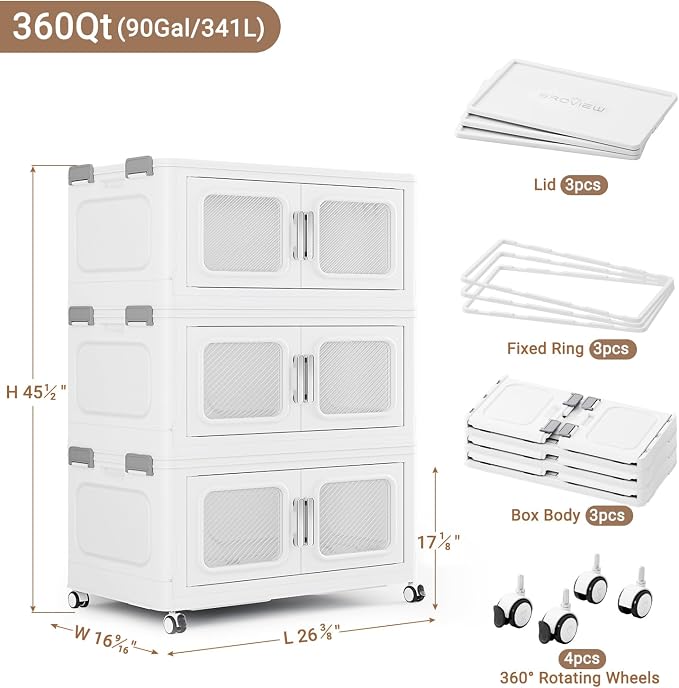 BROVIEW 360 Qt/90 Gal Stackable Storage Bins with Lids, 3 Pack, White | Large Stackable Storage Boxes w/ 3 Lid Folding Plastic Cart Organizer for Home Kitchen, Open Front Clear Door with Wheels