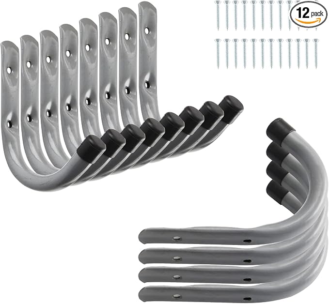 HOME MASTER HARDWARE 12 Pack 4-Inch Heavy Duty Garage Storage Wall Hooks, Steel J Utility Hooks for Hanging Ladders, Tools, Bikes, Grey