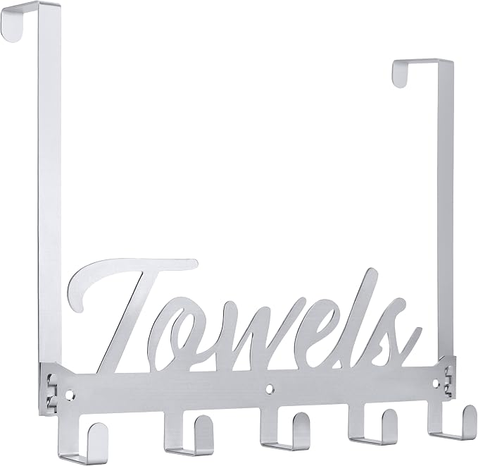 Azmoncy Over The Door Hooks, Towel Hook Towel Holder Over Door Towel Hanger Door Hanger with 5 Coat Hooks Towel Rack for Bathroom Bedroom Kitchen, Chrome