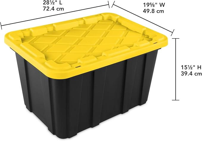6-Pack 27-Gallon Industrial Totes - Rugged Black & Yellow Plastic Storage Bins with Secure Snap-On Lids, Stackable Design for Garage, Warehouse or Workshop Organization