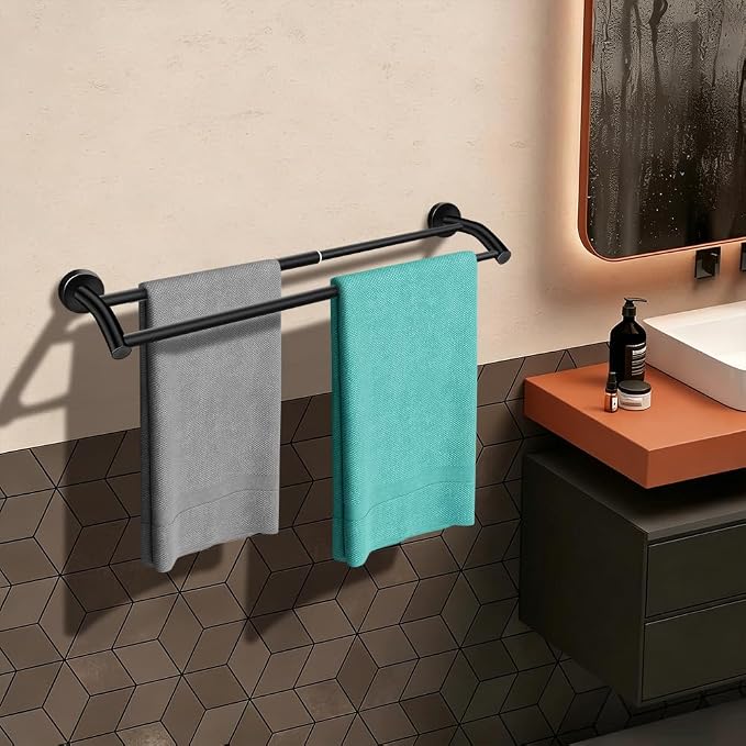 MGahyi Black Telescopic Double Towel Bar Wall Mount 14.5-24.8Inch | Rustproof Towel Rack with Widened Spacing, Scratch-resistant & Durable for Bathroom Kitchen RV