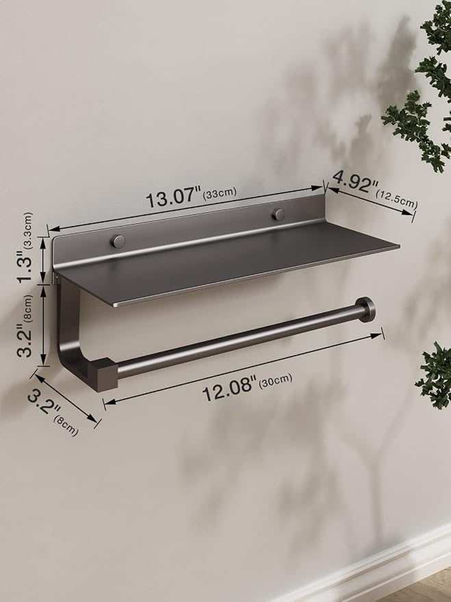 Paper Towel Holder Wall Mount - for Bathroom Hand Towel Holder for Bathroom Black Paper Towel Holder with Shelf Grey