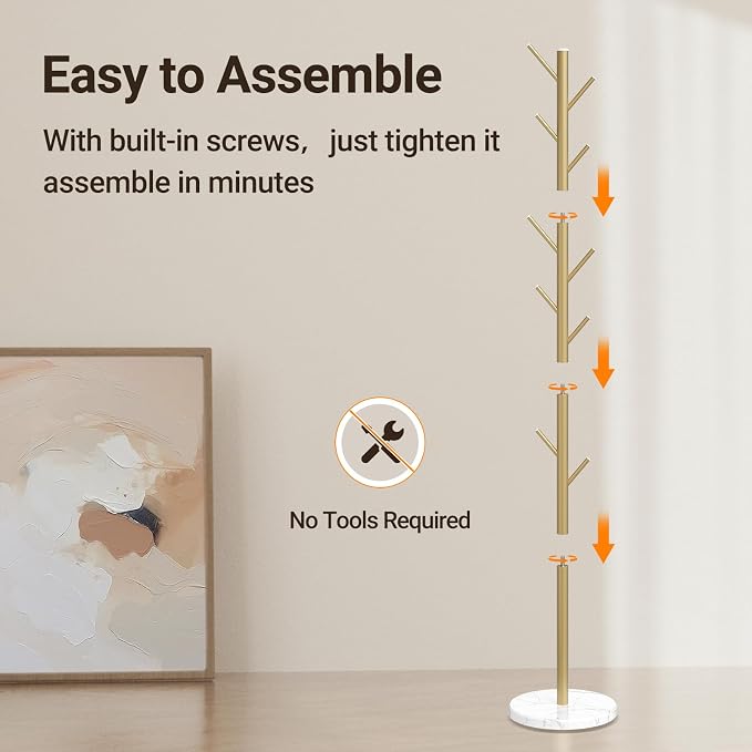 Coat Rack Freestanding, Metal Coat Rack with Natural Marble Base, Gold | 10 Hooks, 3 Adjustable Heights, Heavy Duty Coat Tree for Bags, Clothes, and Hats for Entryway, Bedroom, Hallway, Office