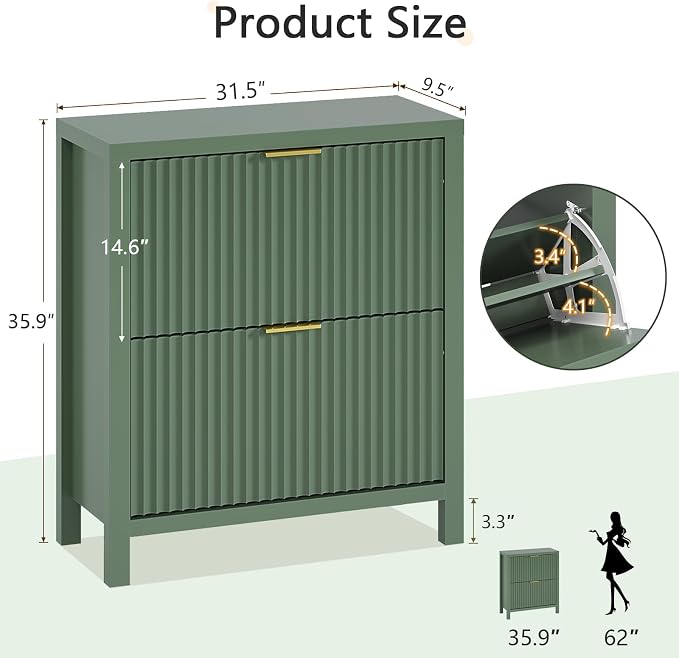 YOMILUVE Fluted Shoe Storage Cabinet with 2 Flip Drawers, Freestanding Shoe Organizer, Hidden Slim Narrow Shoe Rack for Entryway, Hallway, Green