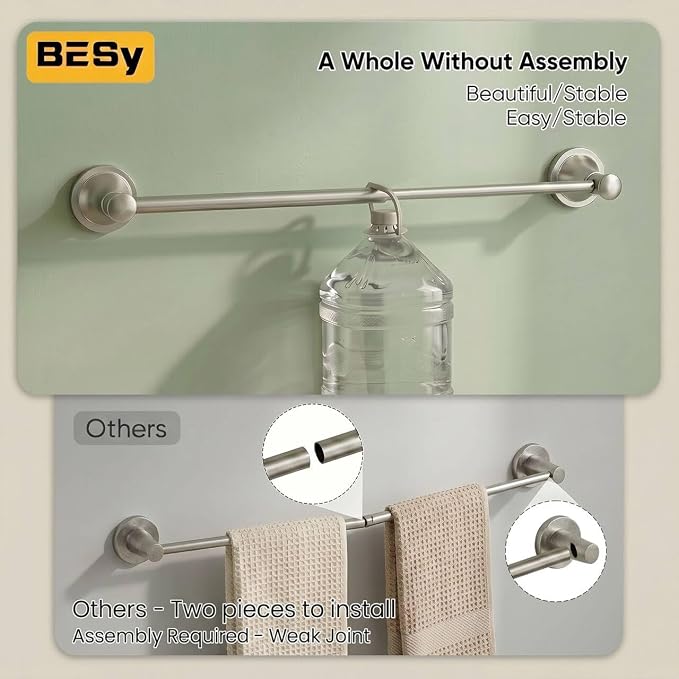 BESy Towel Racks for Bathroom Wall Mounted Bath Towel Bar Brushed Nickel | Adjustable 16-26 In, Wall Mounted Towel Holder, Stainless Steel, Rustproof, Towel Bar Rod Hanger Hardware Accessories Hotel