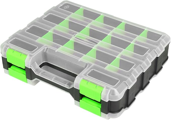 Jack Boss Tool Box with Transparent Lid, Double Side 34-Compartments Organizer Box with Removable Dividers for Hardware, Screws, Bolts, Nails, Beads, Jewelry and Fishing Accessories, Green, 1 Pack