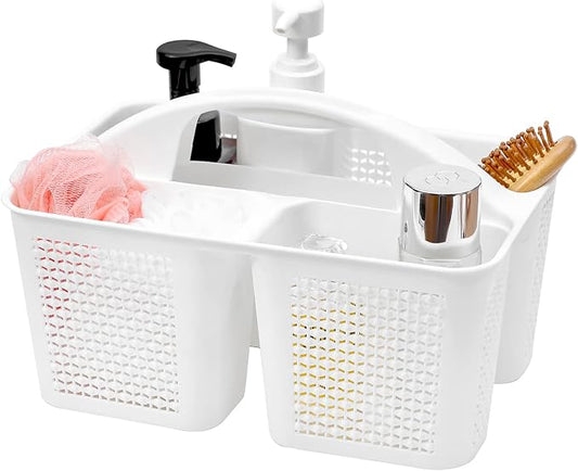 Plastic Portable Shower Caddy Basket with Handle, 3 Compartments, White | Storage Organizer with Drain Holes, Sturdy and Durable For Bathroom, Kitchen, College Dorm, Sink, Camping