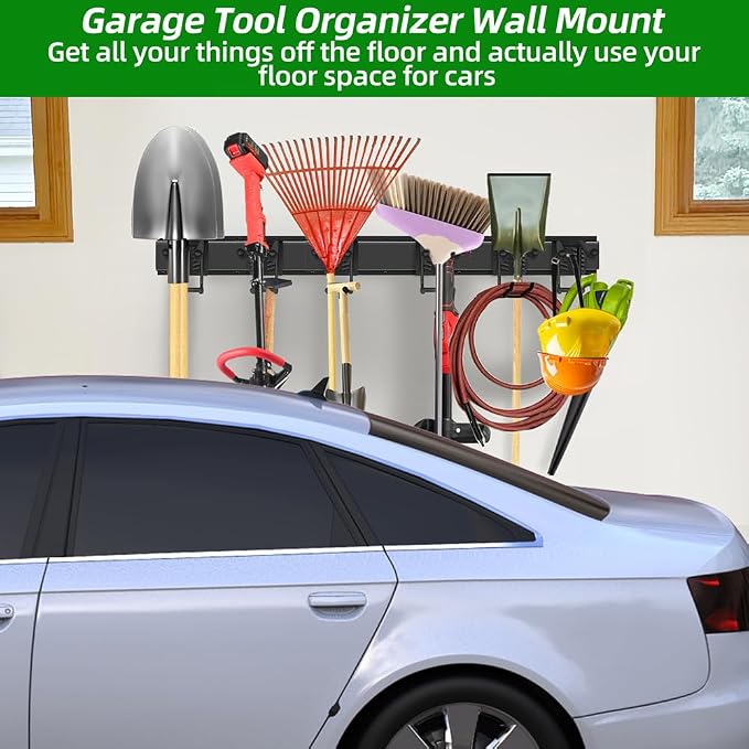 PIYILO 48 in Garage Tool Organizer Wall Mount, Adjustable Tool Storage Rack | Heavy-duty 360 LBS, Double-Layer Hooks, Wear & Tear Resistant, Soft Anti-Scratch Hook Sleeves, For Yard Tools, Shovels, Shed