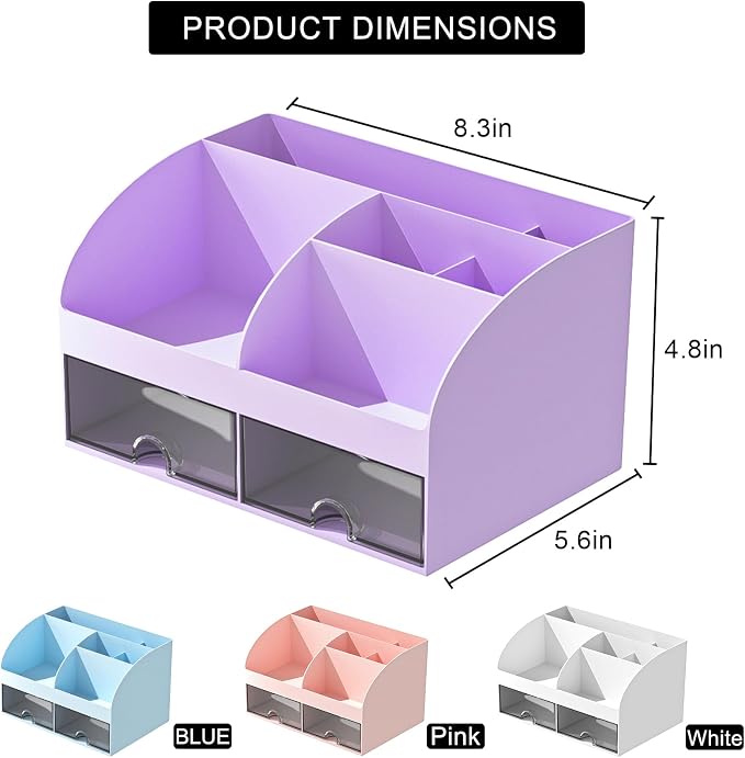 COMFYROOM Desk Organizer with 6 Compartments and 2 Drawers, Plastic Makeup Organizer, Pen Holder for Desktop Storage, Desk Organization for School, Home, Office Supplies (Purple)