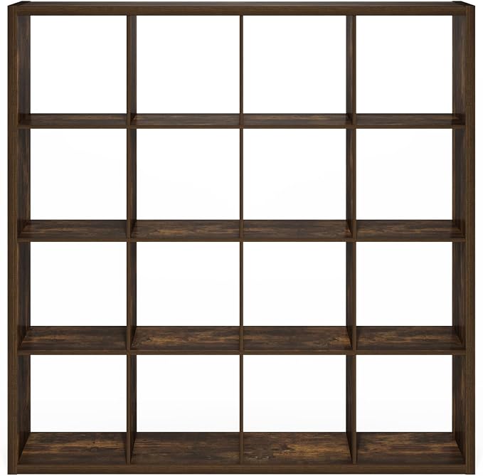 Furinno Cubicle 16-Cube Book Shelf, Extra Thick Frame Bookshelf, Amber Pine | 14.6" x 58" x 58", Reversible Bookcase with Open Back, for Living Room, Bedroom, Home Office